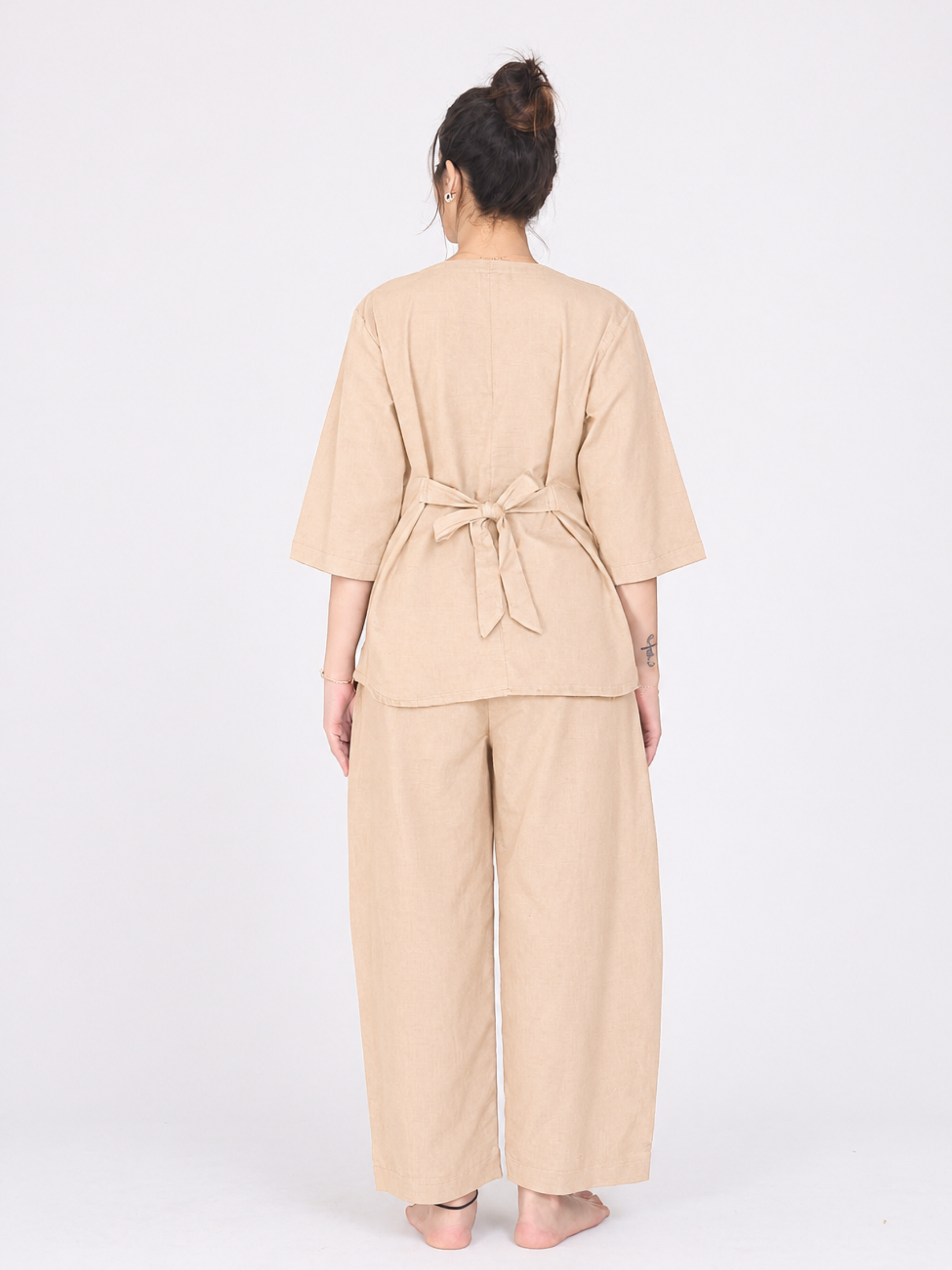 Yogini 100% Cotton Yoga Set with Barrel Pant and Henley Top | Beige