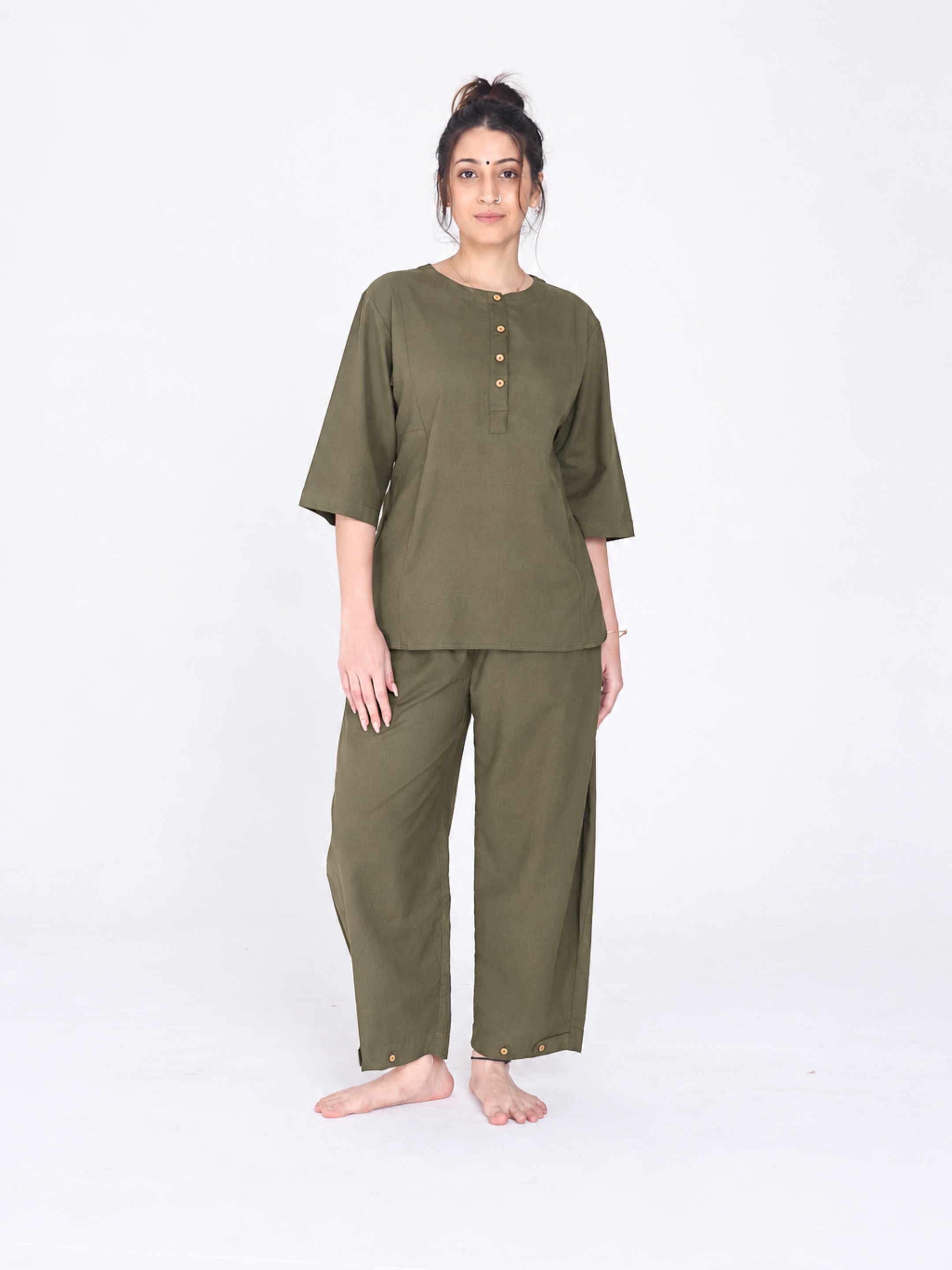 Yogini 100% Cotton Yoga Set with Barrel Pant and Henley Top | Olive