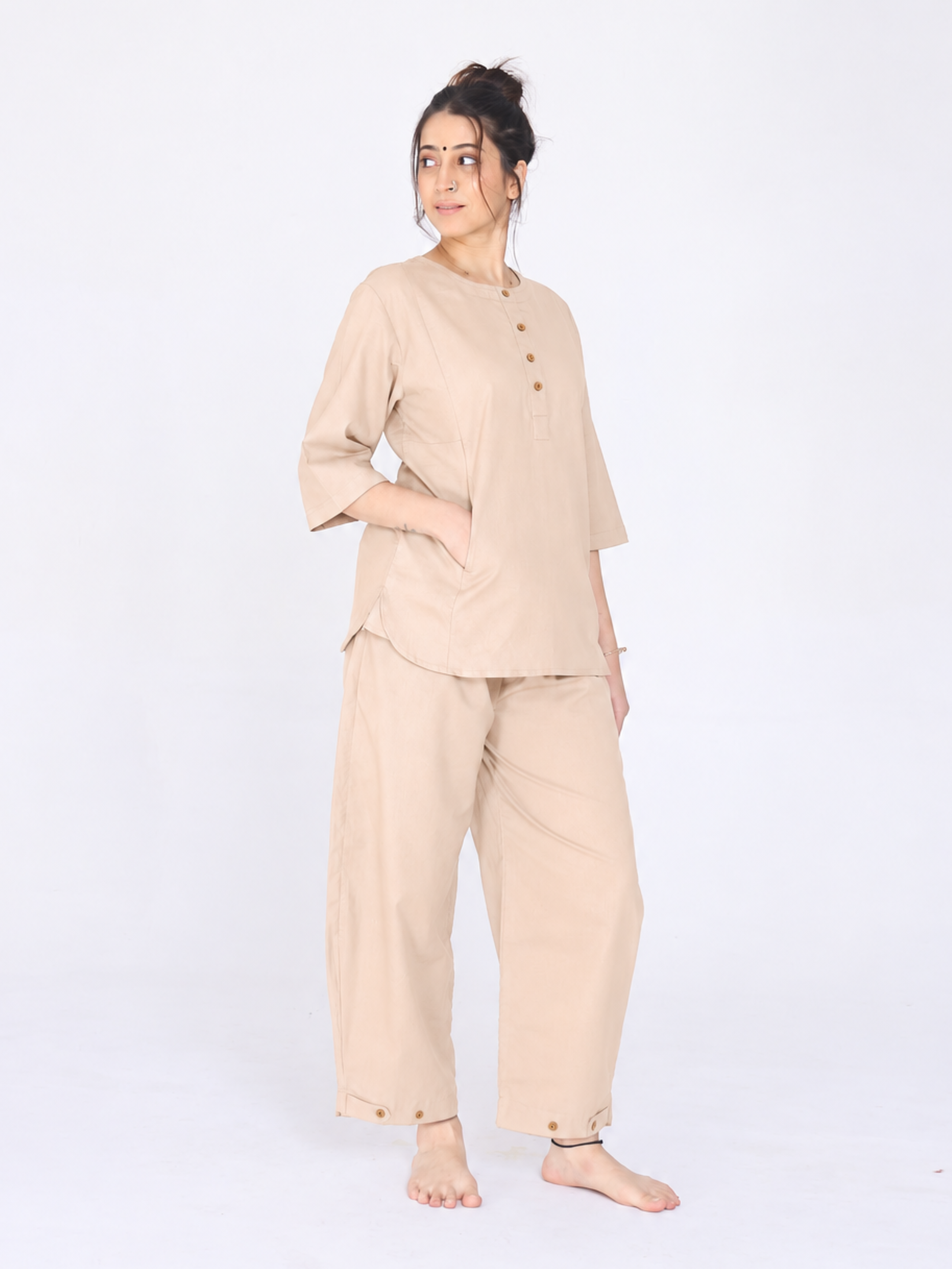 Yogini 100% Cotton Yoga Set with Barrel Pant and Henley Top | Beige