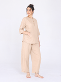 Yogini 100% Cotton Yoga Set with Barrel Pant and Henley Top | Beige