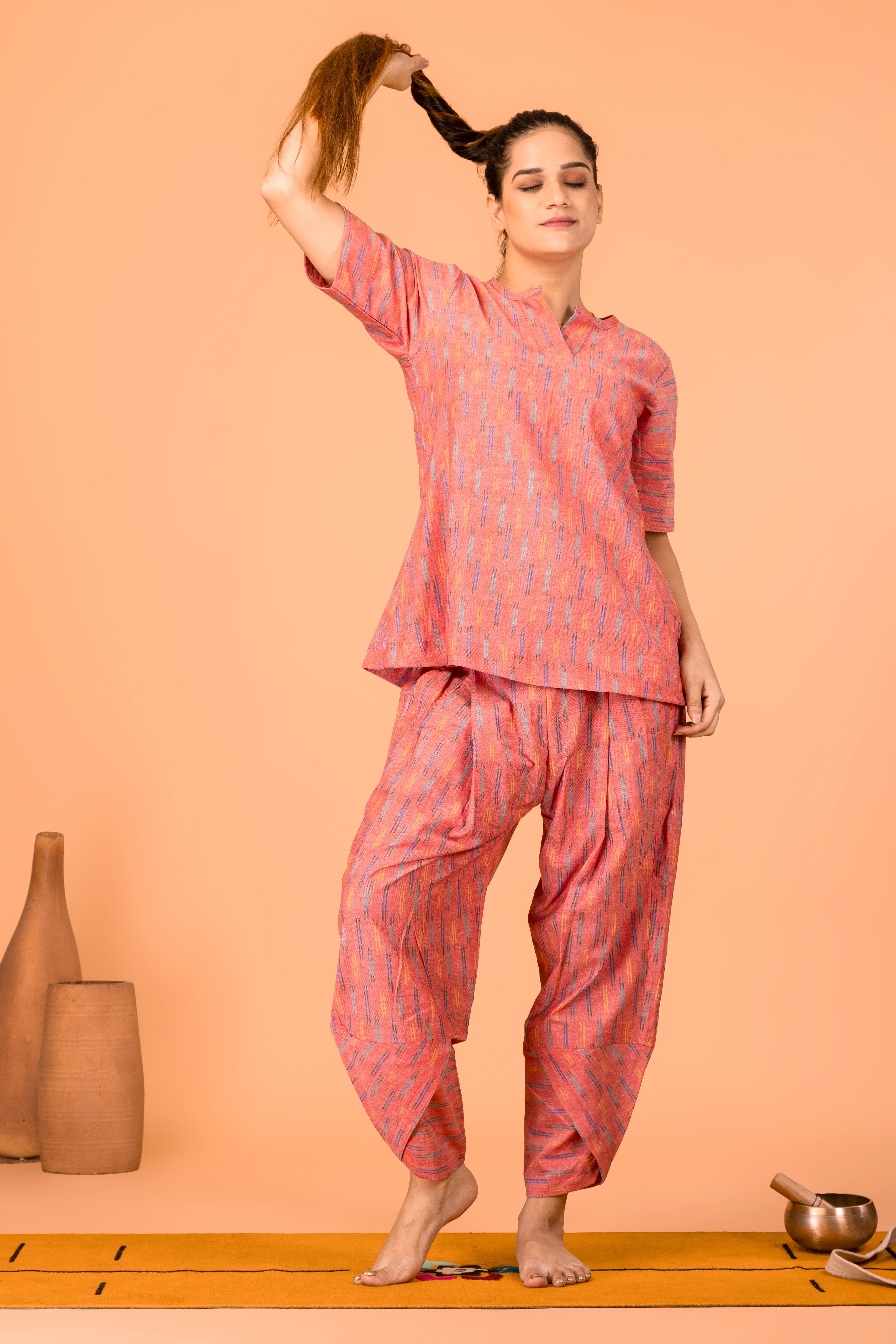 Dhara Yoga Top Covered (With Sleeves)- Ikat Pink