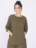 Yogini 100% Cotton Yoga Set with Barrel Pant and Henley Top | Olive
