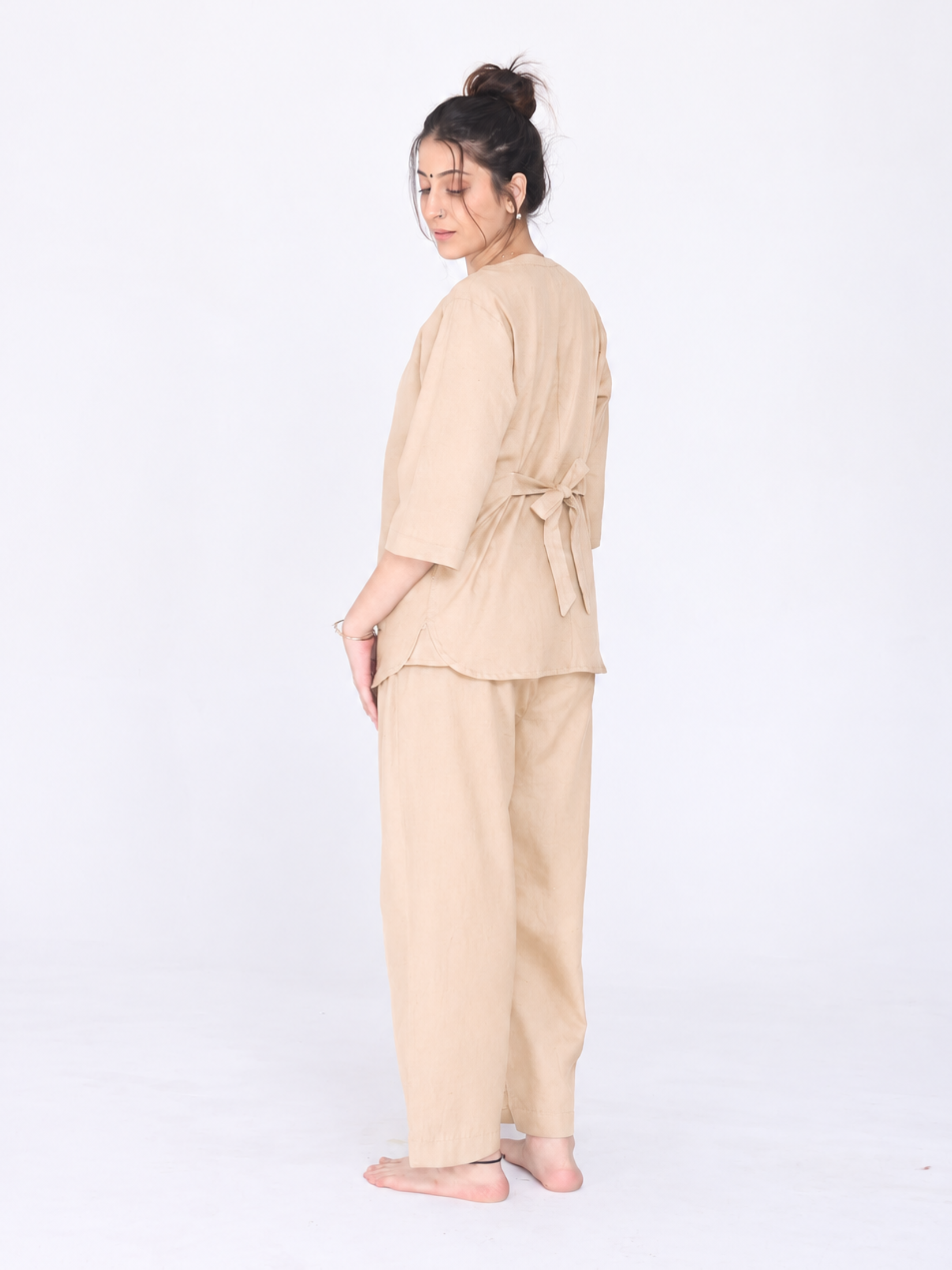Yogini 100% Cotton Yoga Set with Barrel Pant and Henley Top | Beige