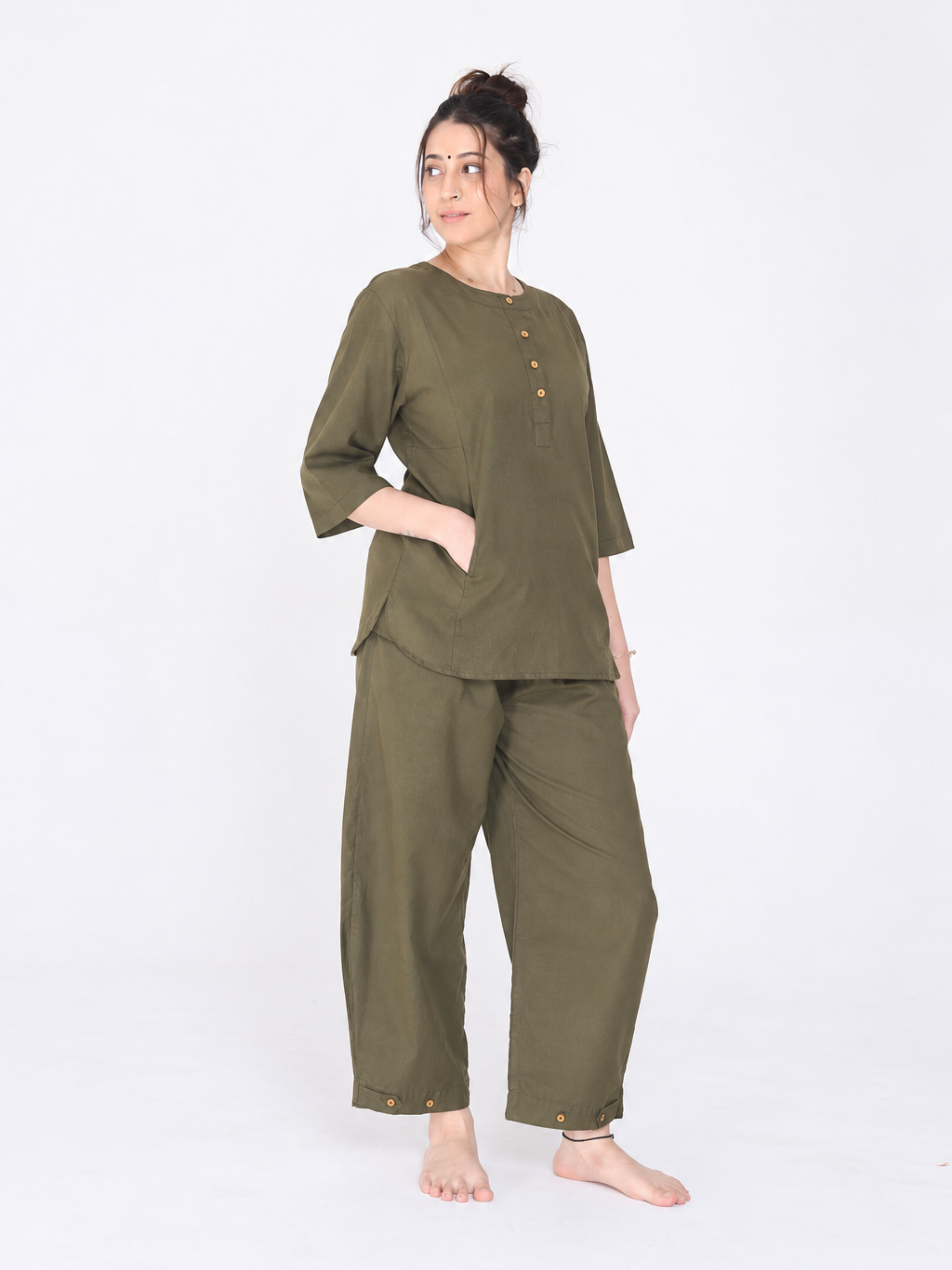 Yogini 100% Cotton Yoga Set with Barrel Pant and Henley Top | Olive