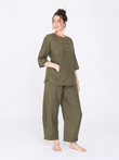 Yogini 100% Cotton Yoga Set with Barrel Pant and Henley Top | Olive