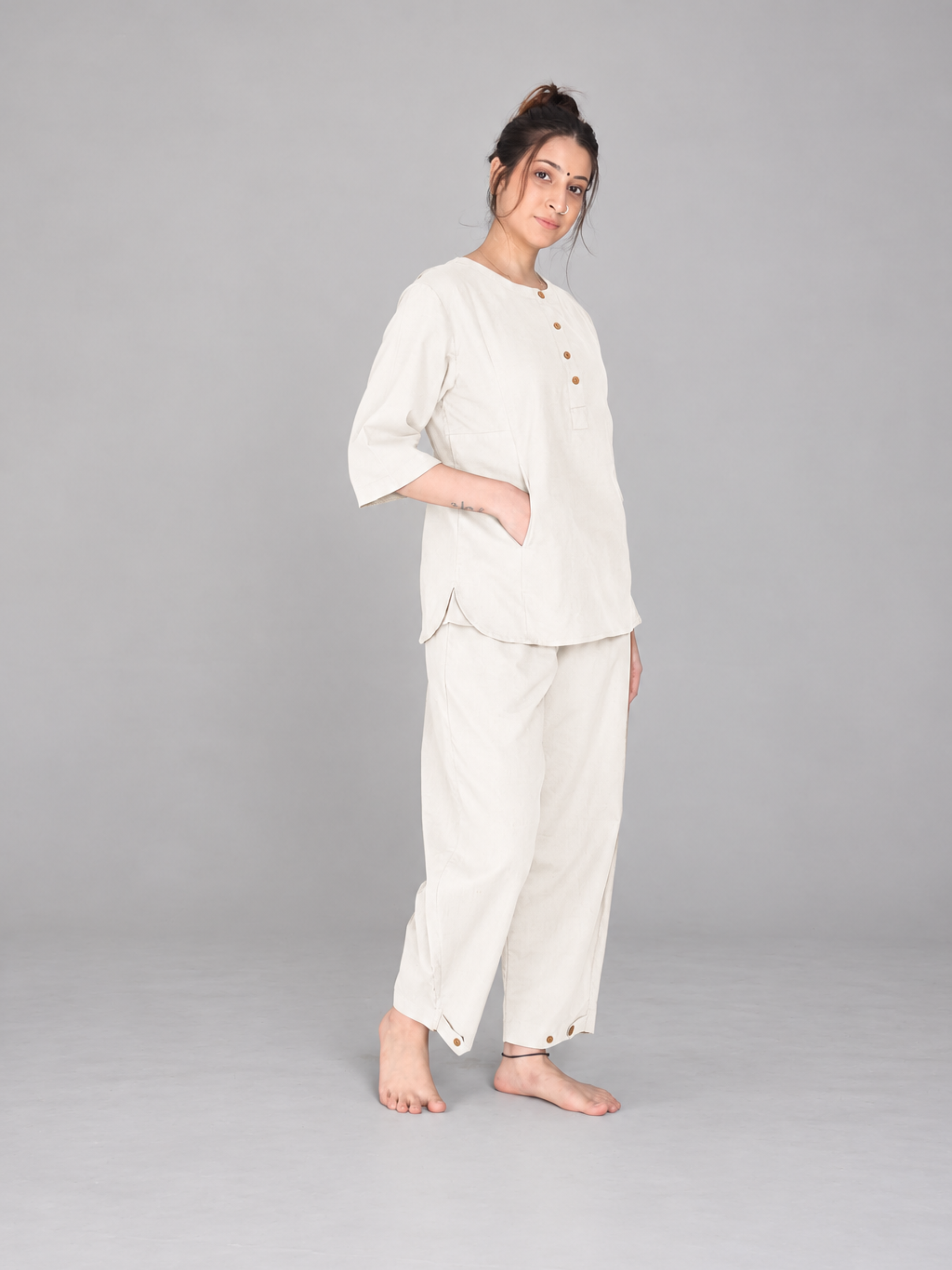 Yogini 100% Cotton Yoga Set with Barrel Pant and Henley Top | Off White