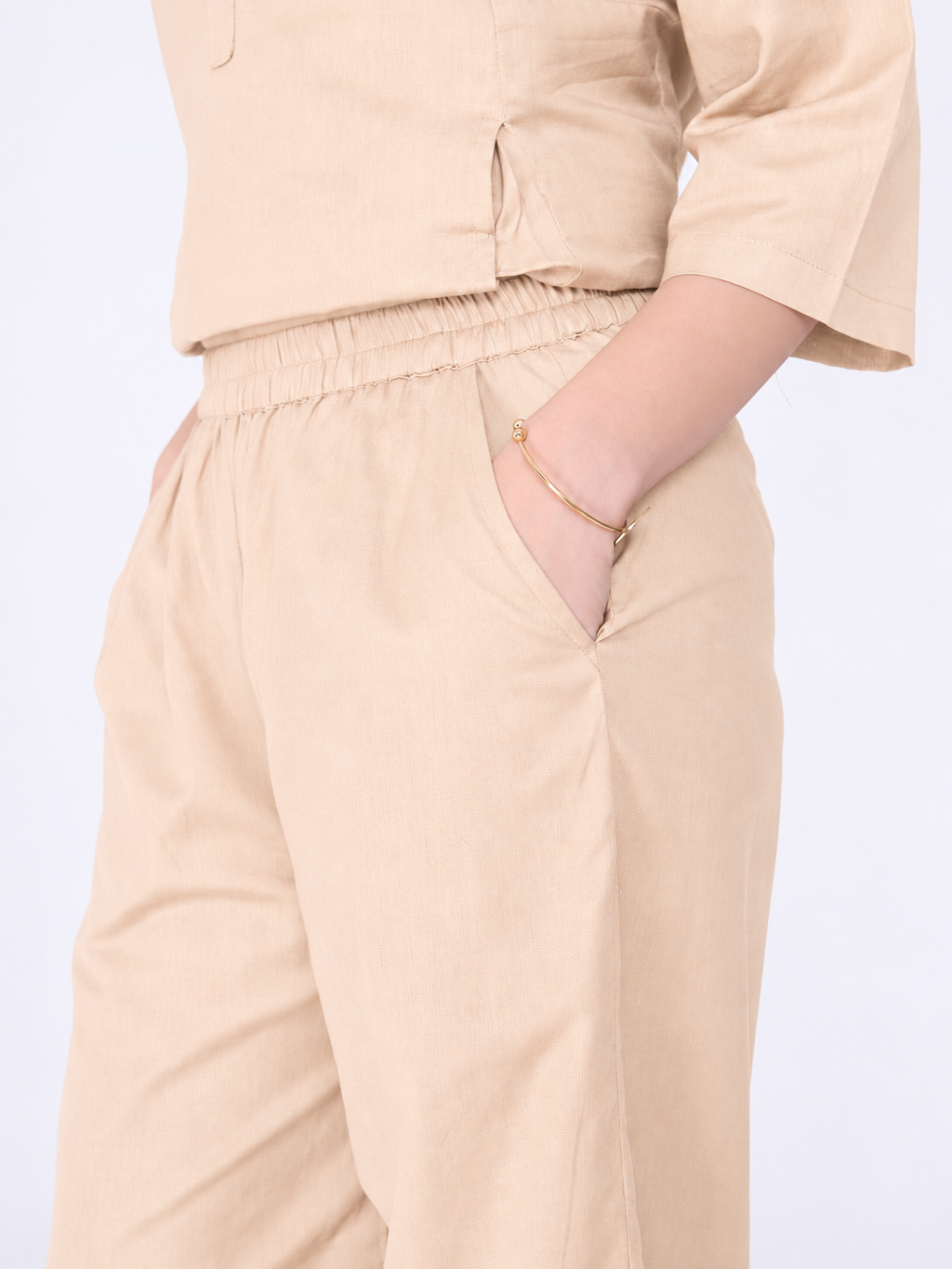 Yogini 100% Cotton Yoga Set with Barrel Pant and Henley Top | Beige