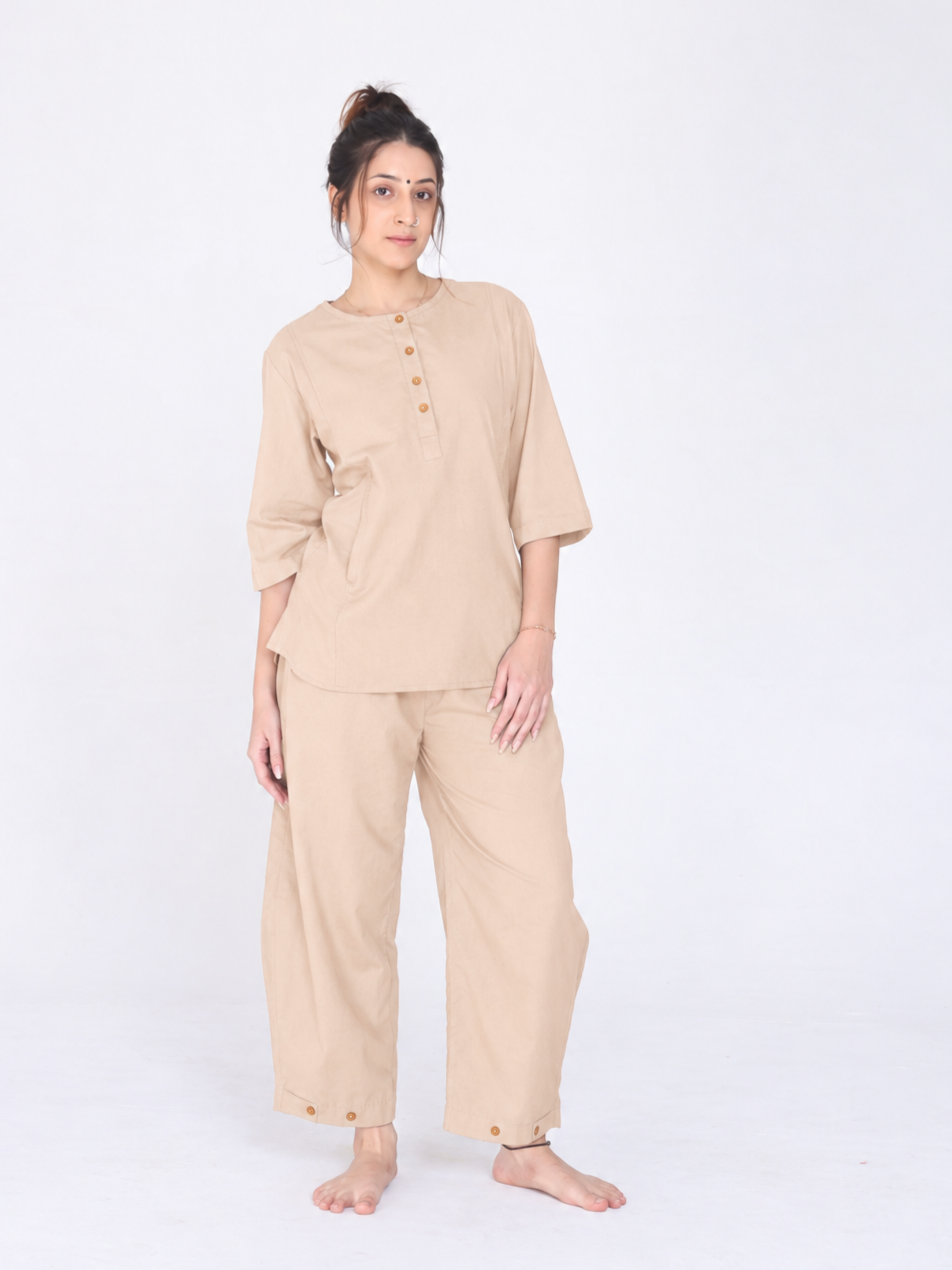 Yogini 100% Cotton Yoga Set with Barrel Pant and Henley Top | Beige