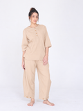 Yogini 100% Cotton Yoga Set with Barrel Pant and Henley Top | Beige
