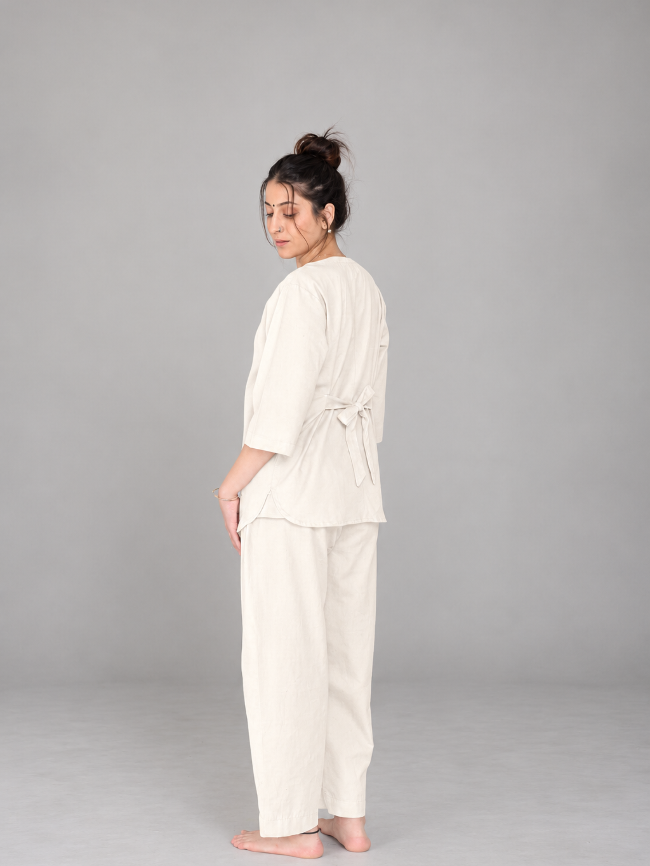 Yogini 100% Cotton Yoga Set with Barrel Pant and Henley Top | Off White