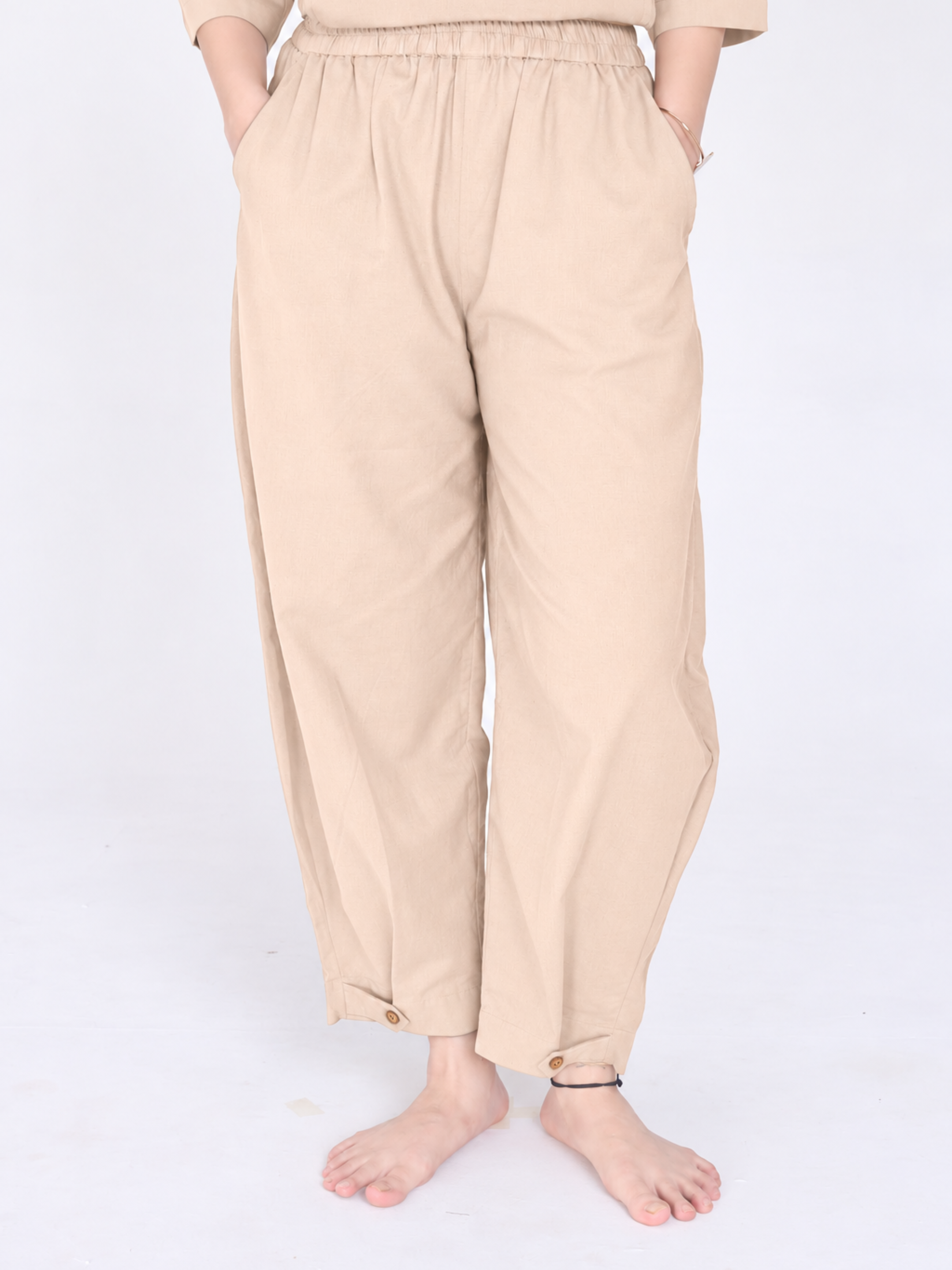 Yogini 100% Cotton Yoga Set with Barrel Pant and Henley Top | Beige