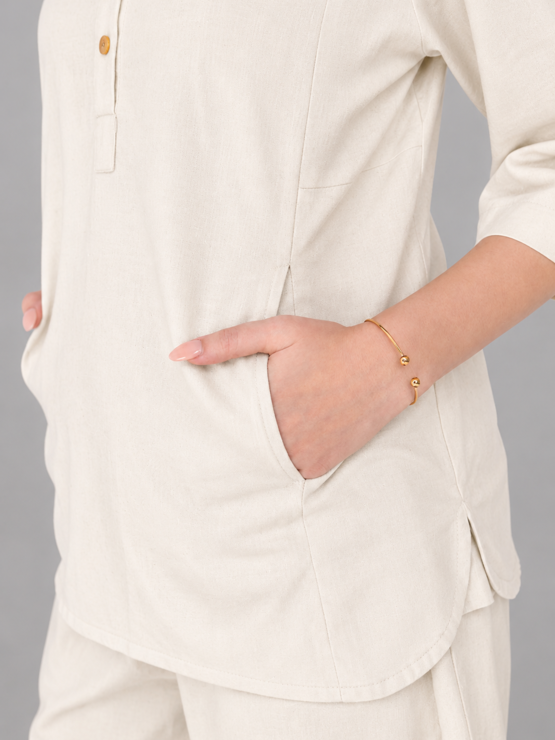 Yogini 100% Cotton Yoga Set with Barrel Pant and Henley Top | Off White