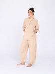 Yogini 100% Cotton Yoga Set with Barrel Pant and Henley Top | Beige