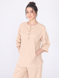 Yogini 100% Cotton Yoga Set with Barrel Pant and Henley Top | Beige