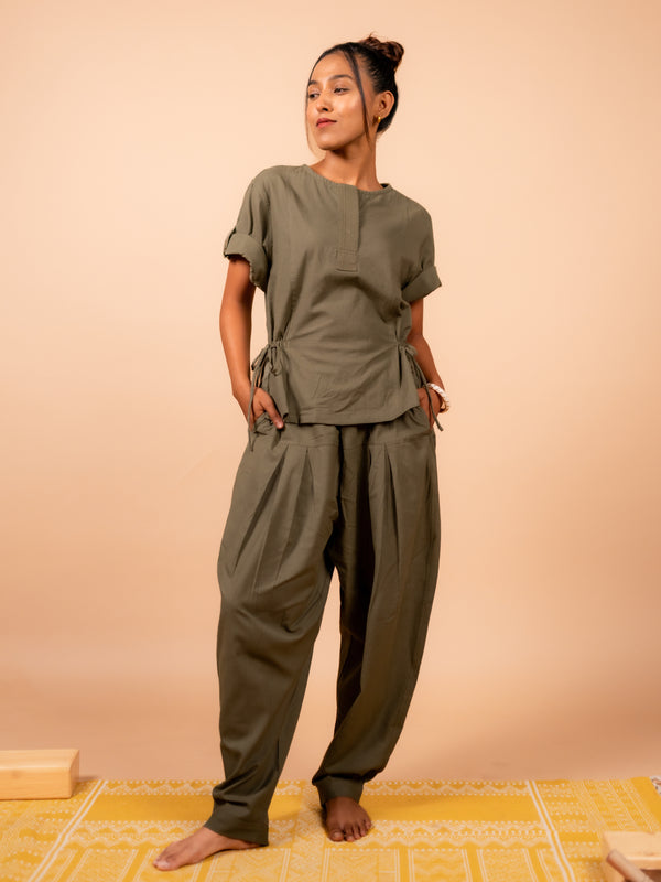 Cotton Yoga Co-ord Set for Women- Olive Green | Ira
