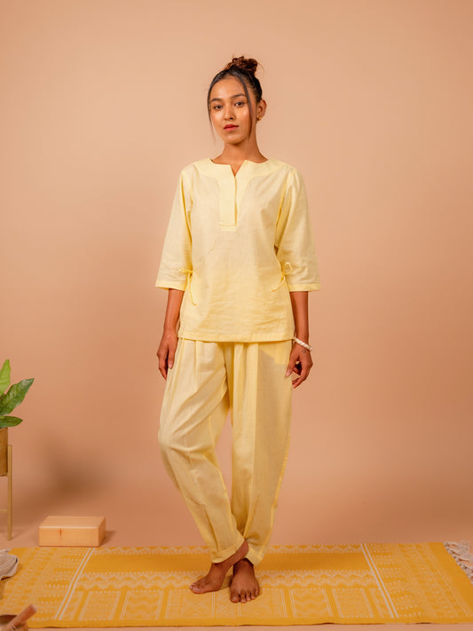 Cotton Yoga Co-ord Set for Women- Butter Yellow | Aarohi