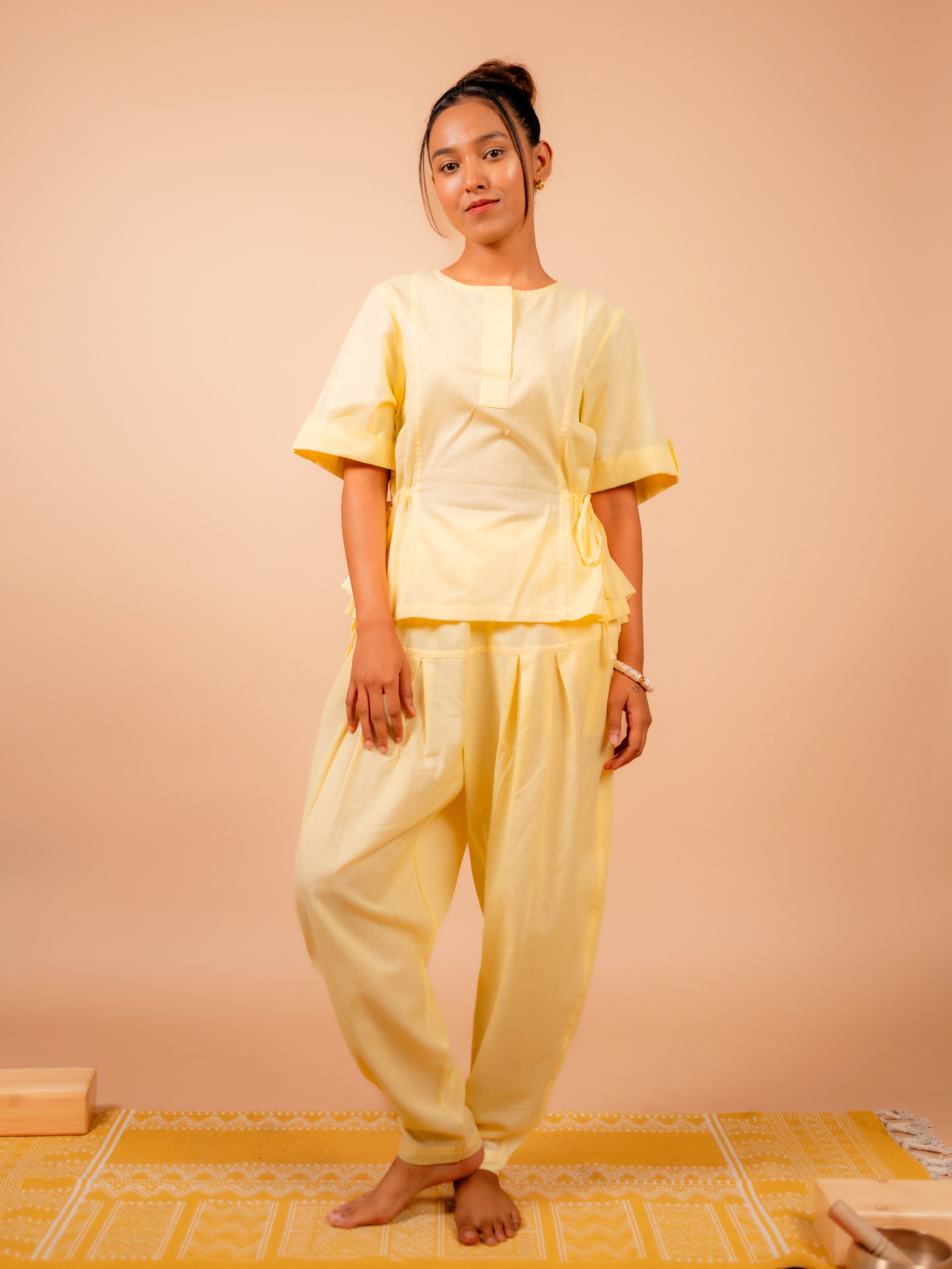 Cotton Yoga half Sleeves Top for Women- Butter Yellow | Ira