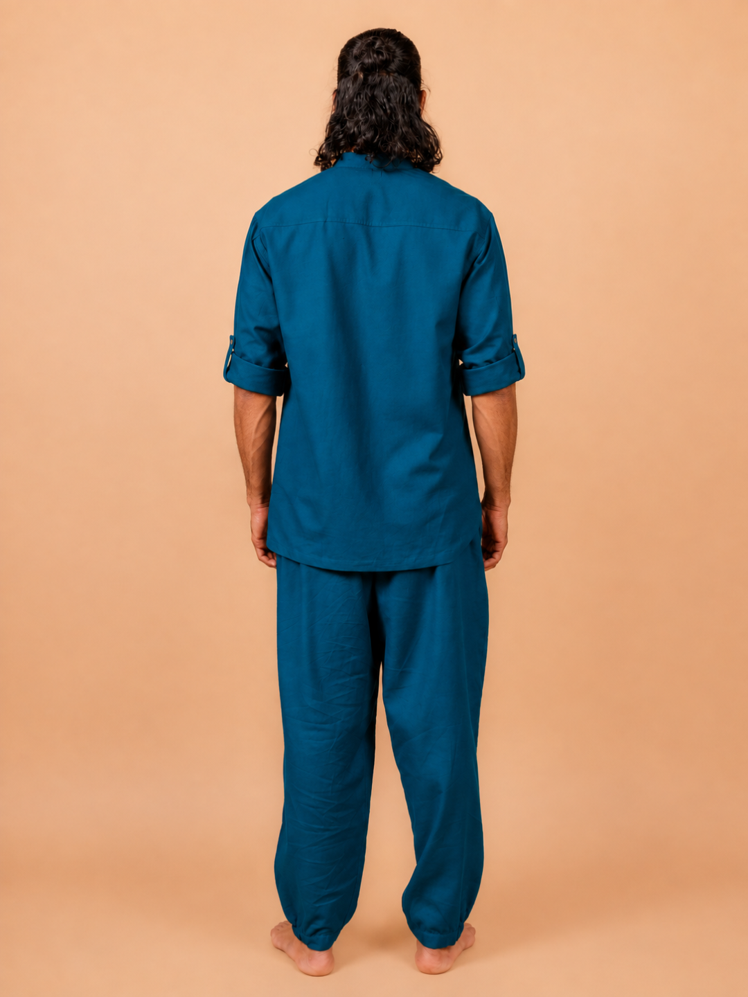 Cotton Yoga Mandarin Collar Set for Men- Sea Blue | Tejas