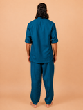 Cotton Yoga Mandarin Collar Set for Men- Sea Blue | Tejas