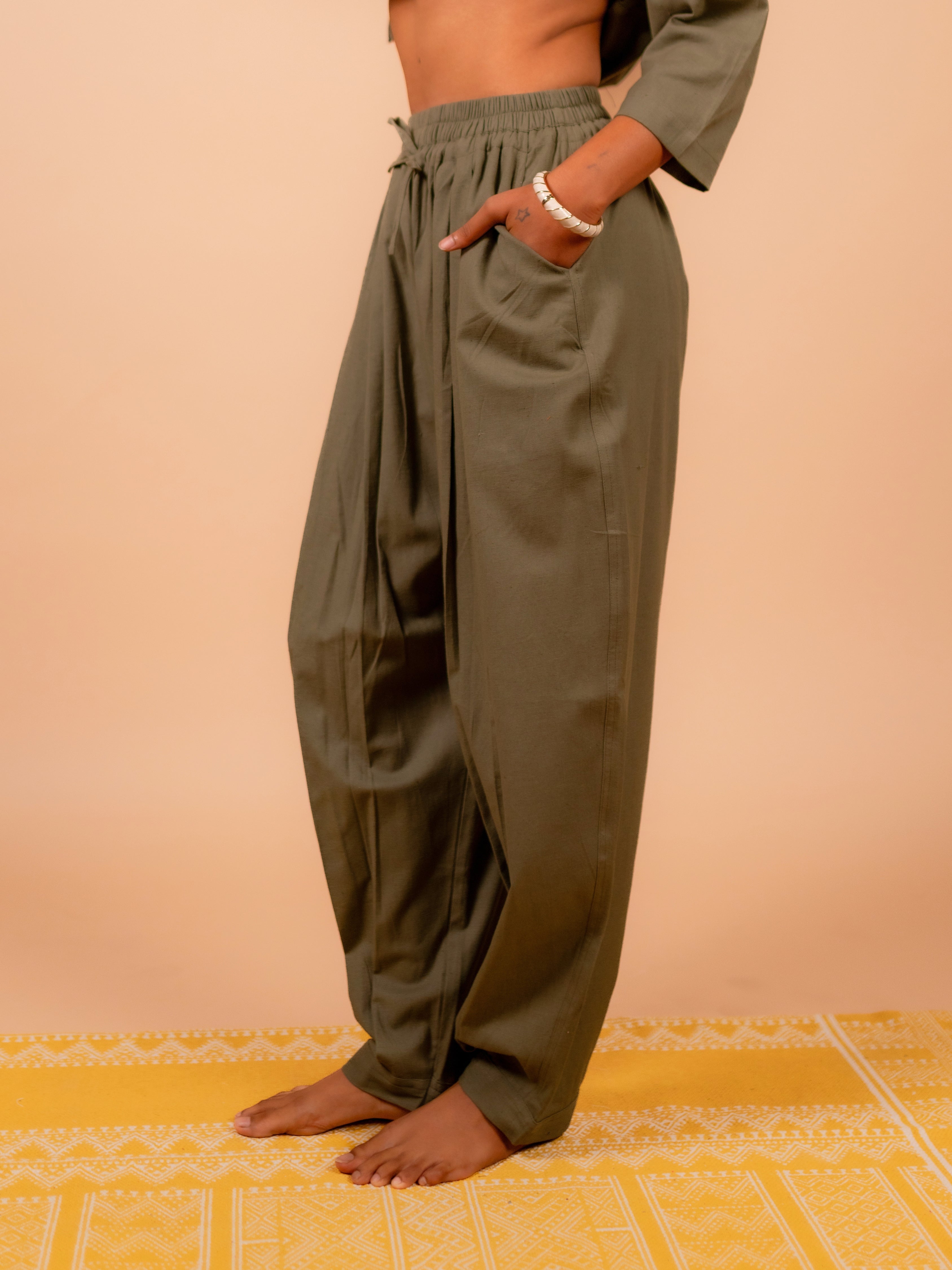 Cotton Yoga Baggy Pants for Women- Olive Green | Aarohi