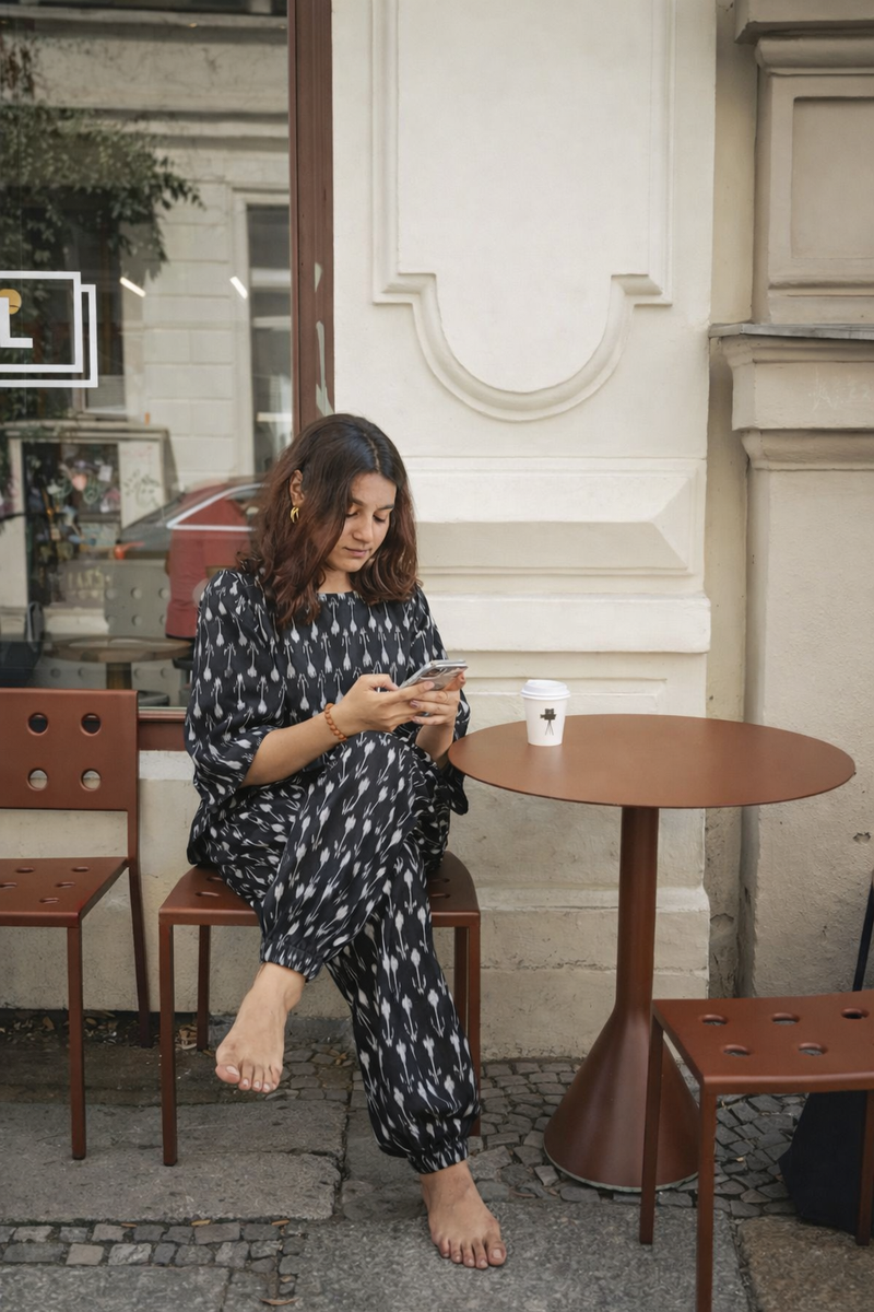Woman sitting at a table using a phone with a coffee cup in an urban setting in indian cotton yoga clothing of lumina breeze
