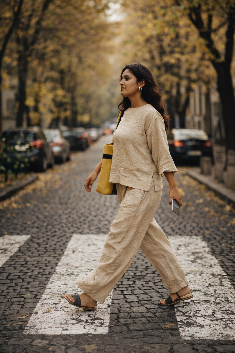 Woman walking on a street with autumn foliage