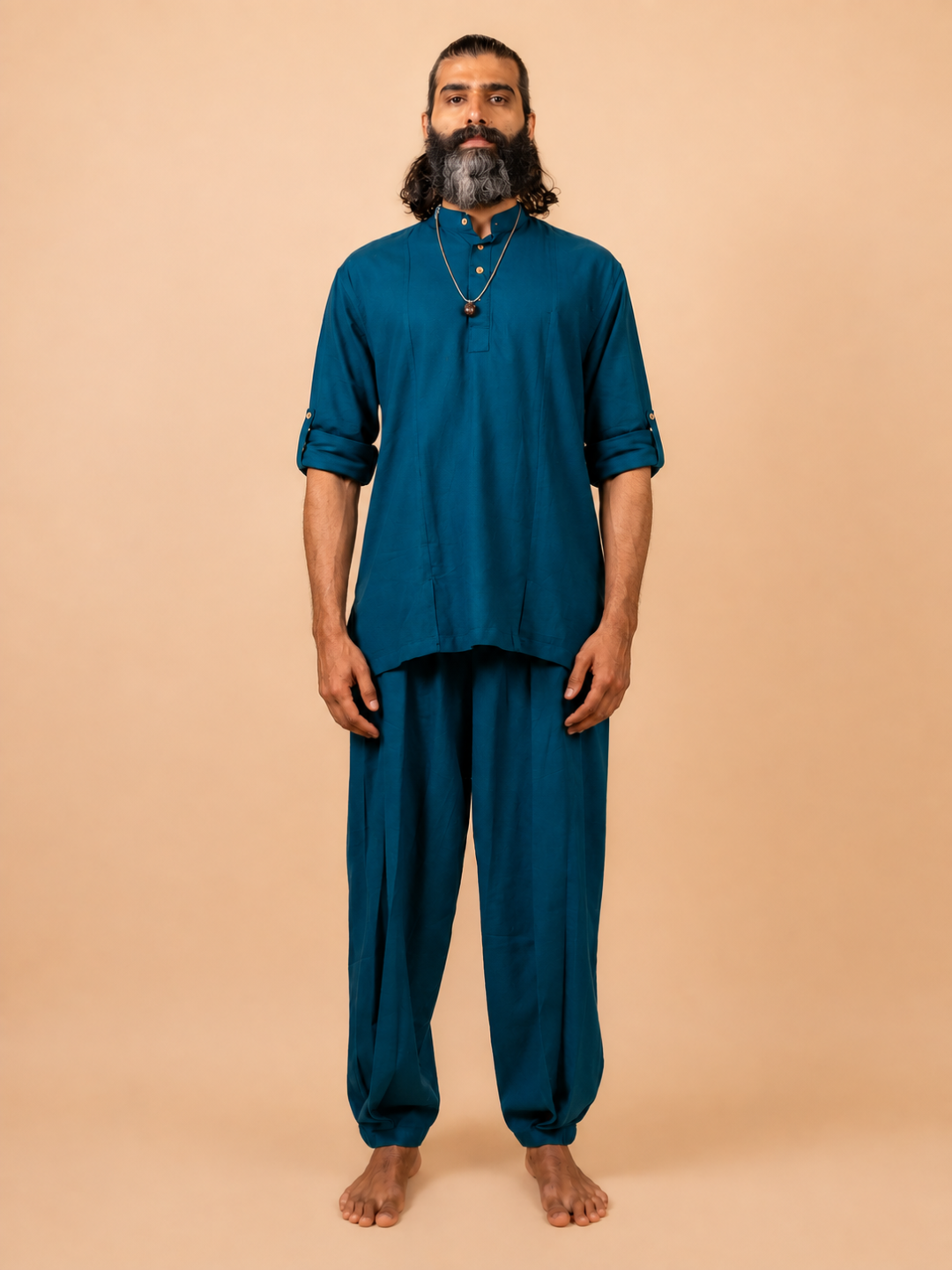 Cotton Yoga Mandarin Collar Set for Men- Sea Blue | Tejas
