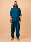 Cotton Yoga Mandarin Collar Set for Men- Sea Blue | Tejas