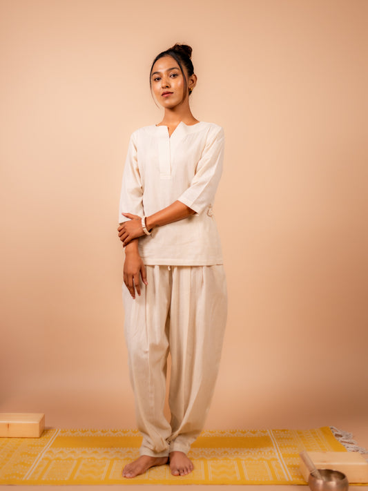 Cotton Yoga Co-ord Set for Women- Off White | Aarohi