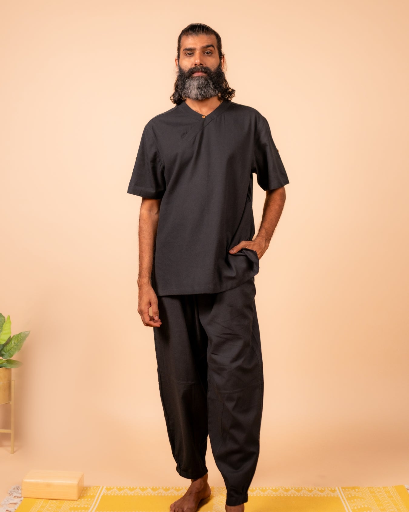 Cotton Yoga Cross Over Neckline Top for Men- Black | Veer