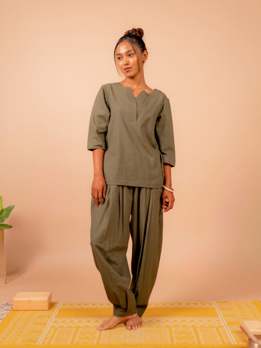 Cotton Yoga Co-ord Set for Women- Olive | Aarohi
