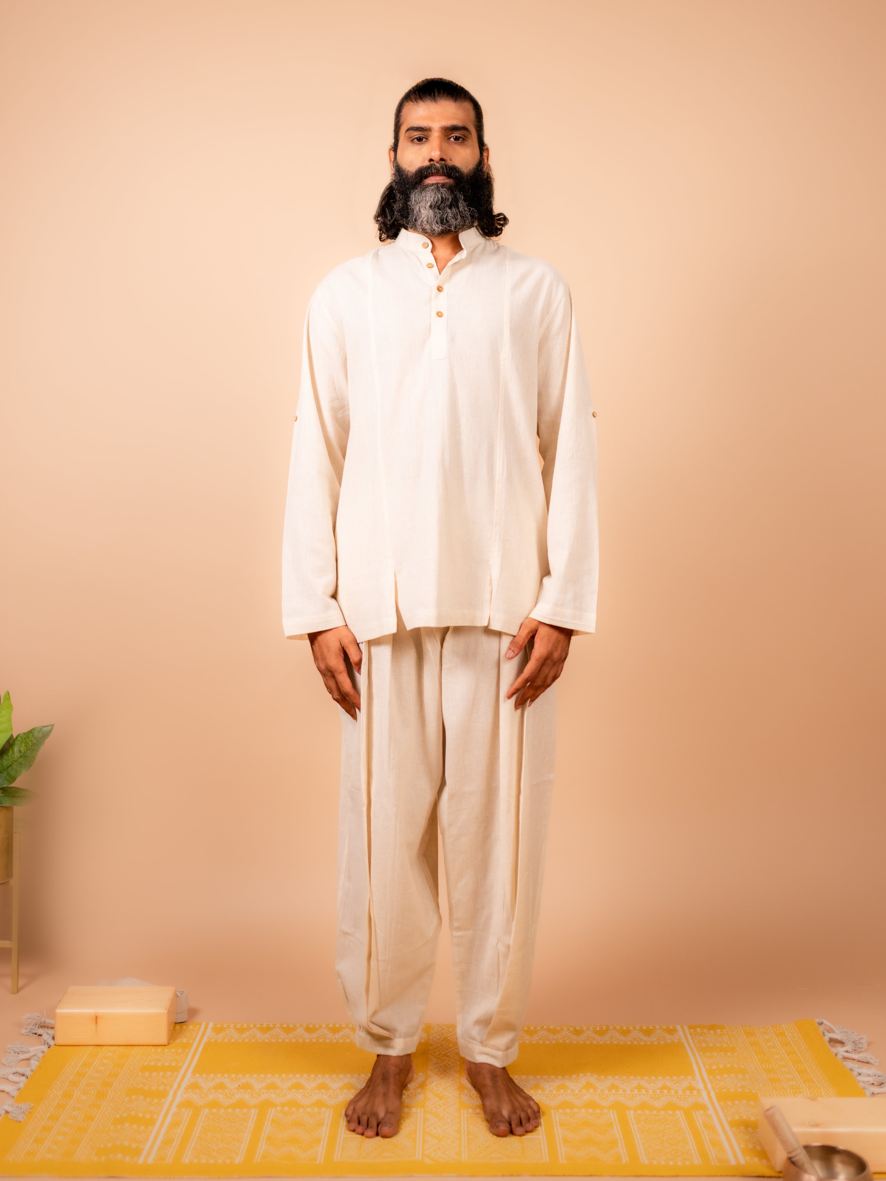 Cotton Yoga Mandarin Collar Top for Men- Off White | Tejas