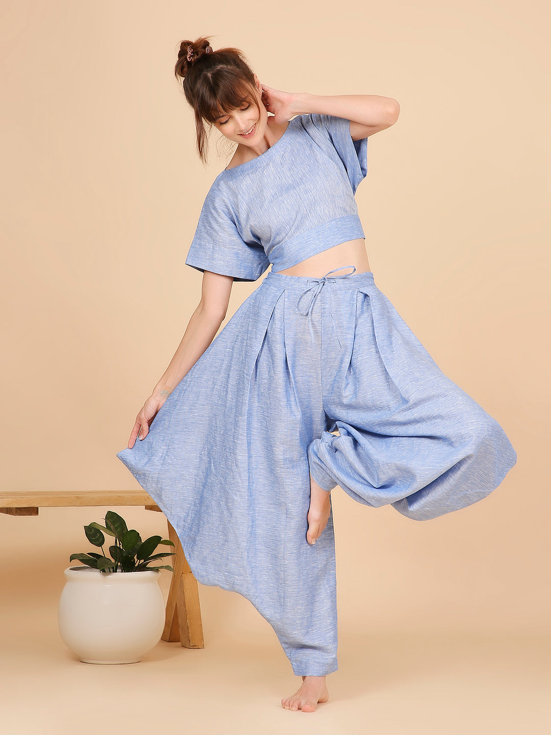Bat Wings Pants- Blue Linen
