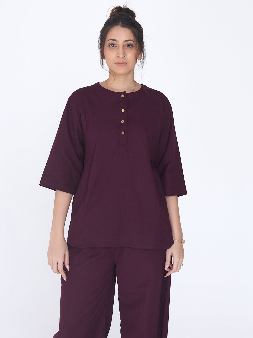 Yogini 100% Cotton Yoga Set with Barrel Pant and Henley Top| Plum