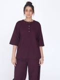 Yogini 100% Cotton Yoga Set with Barrel Pant and Henley Top| Plum
