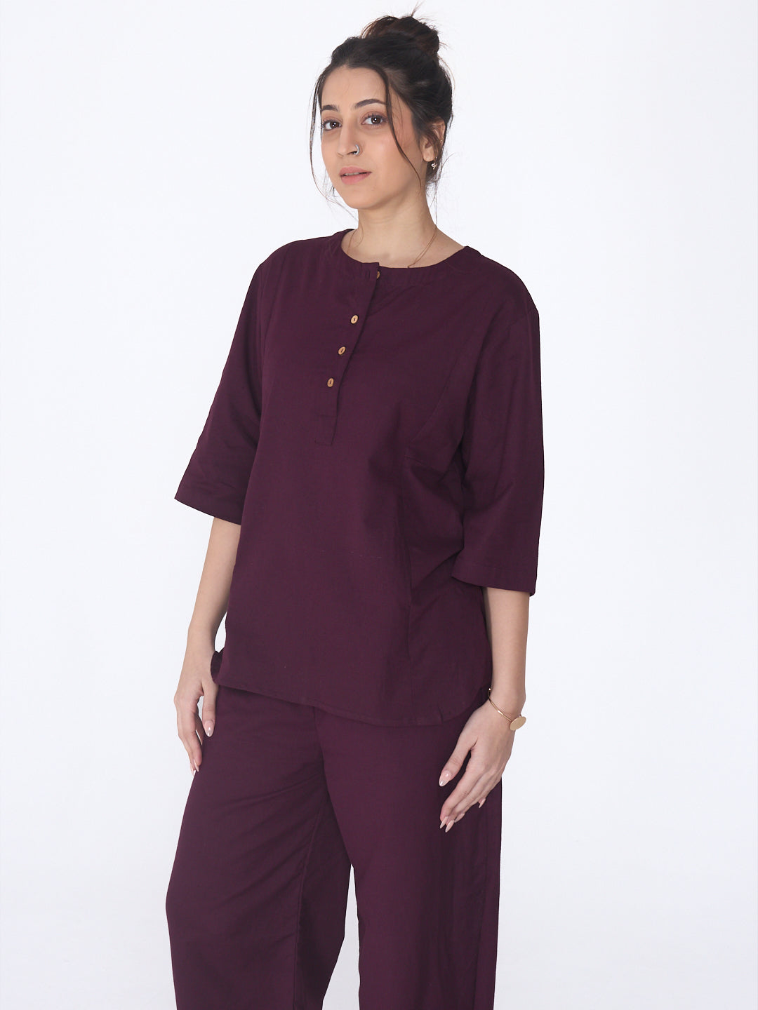 Yogini 100% Cotton Yoga Set with Barrel Pant and Henley Top| Plum