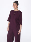Yogini 100% Cotton Yoga Set with Barrel Pant and Henley Top| Plum