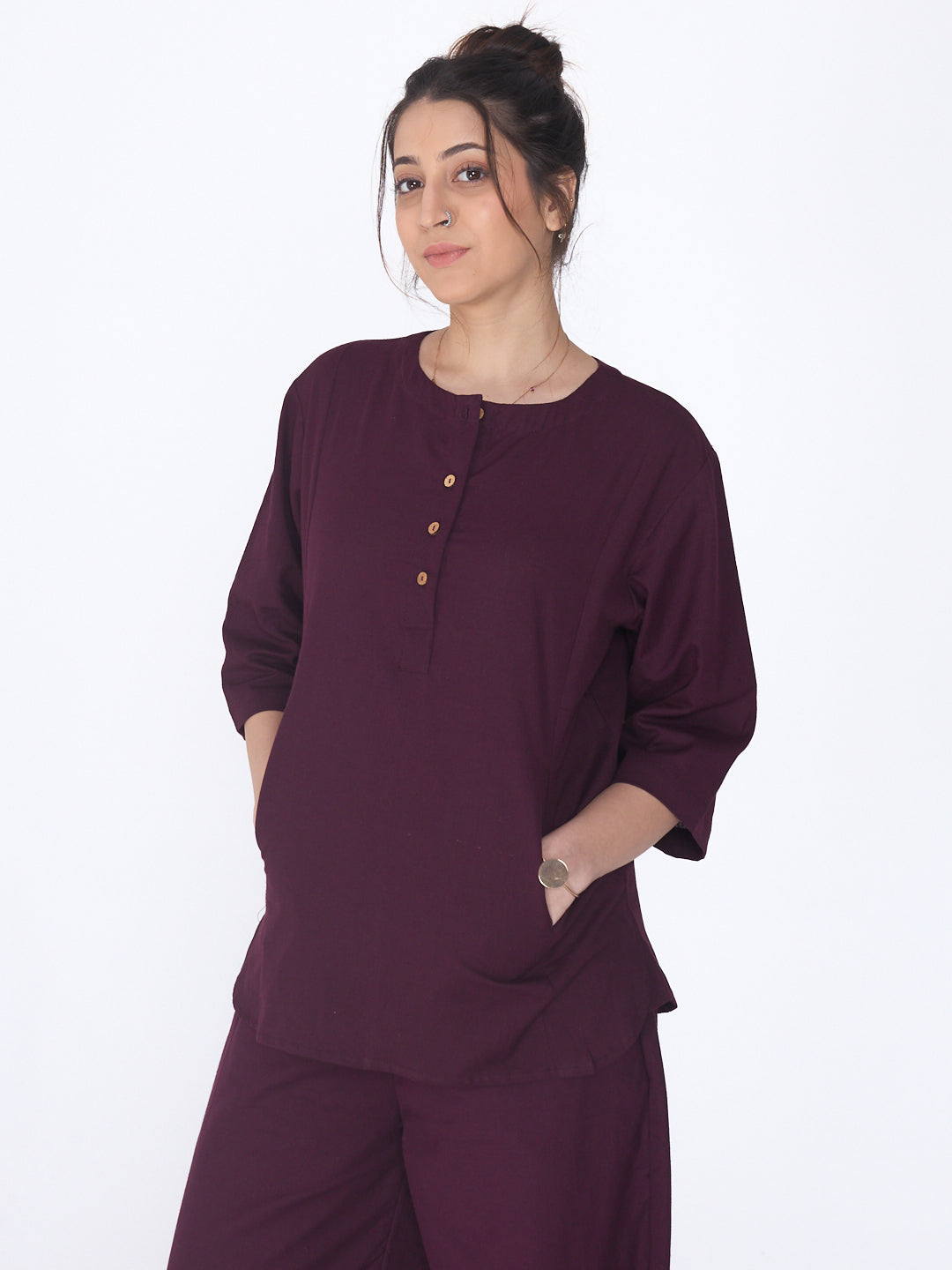 Yogini 100% Cotton Yoga Set with Barrel Pant and Henley Top| Plum