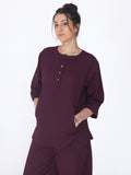 Yogini 100% Cotton Yoga Set with Barrel Pant and Henley Top| Plum