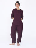 Yogini 100% Cotton Yoga Set with Barrel Pant and Henley Top| Plum