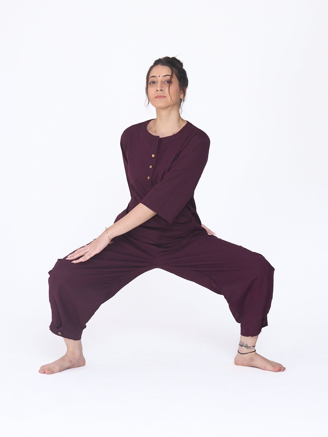 Yogini 100% Cotton Yoga Set with Barrel Pant and Henley Top| Plum