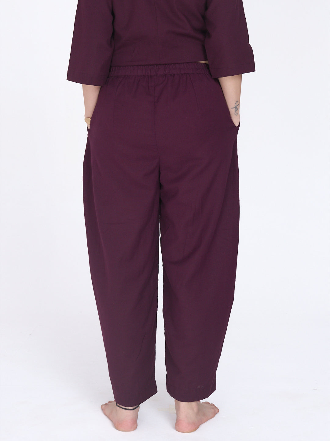 Yogini 100% Cotton Yoga Set with Barrel Pant and Henley Top| Plum