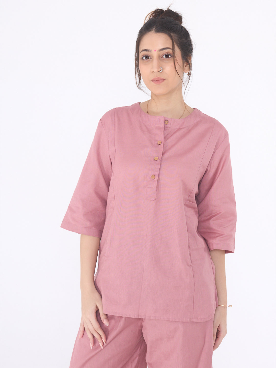 Yogini 100% Cotton Yoga Set with Barrel Pant and Henley Top| Rose Petal