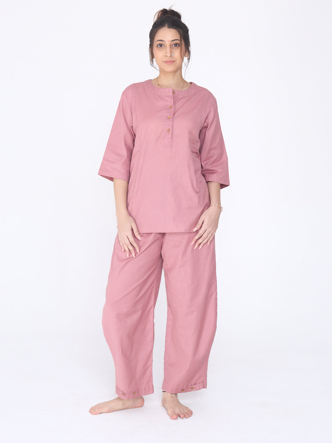 Yogini 100% Cotton Yoga Set with Barrel Pant and Henley Top| Rose Petal