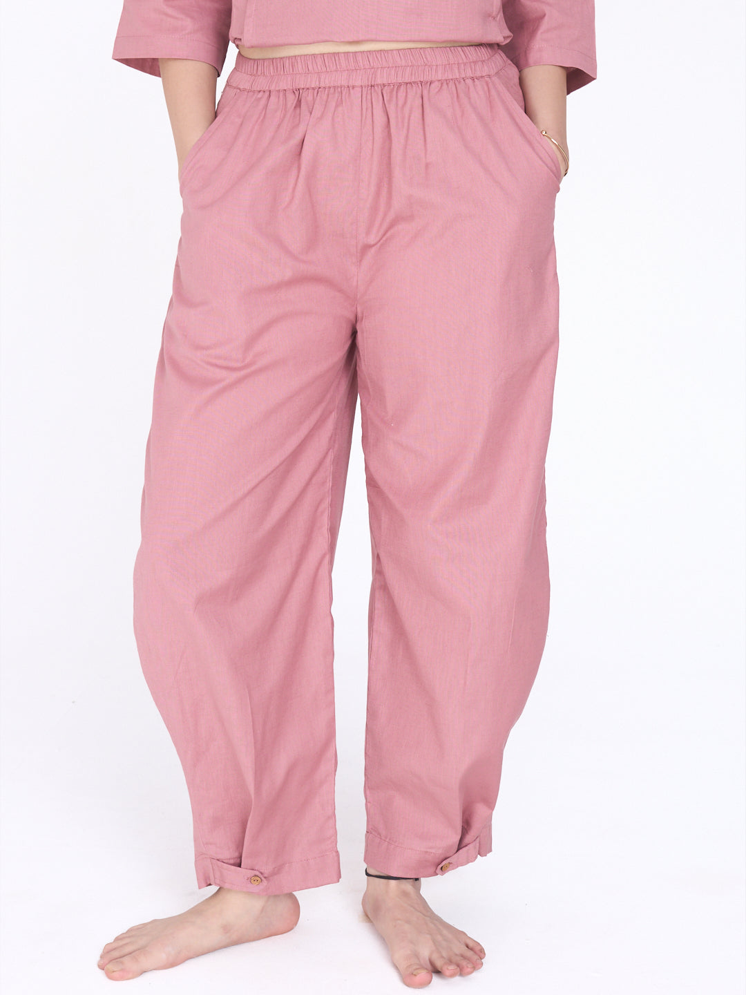 Yogini 100% Cotton Yoga Set with Barrel Pant and Henley Top| Rose Petal