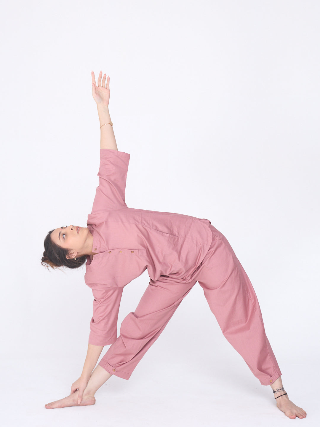 Yogini 100% Cotton Yoga Set with Barrel Pant and Henley Top| Rose Petal