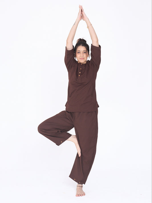 Yogini 100% Cotton Yoga Set with Barrel Pant and Henley Top | Brown