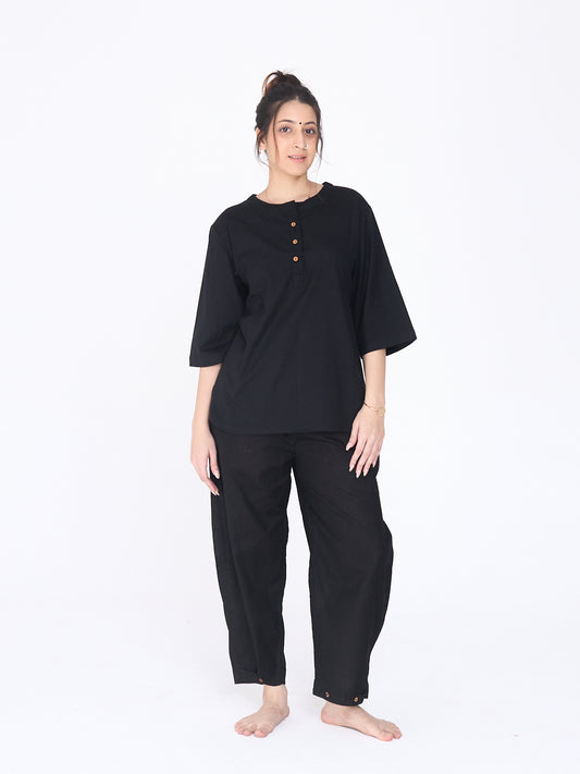 Yogini 100% Cotton Yoga Set with Barrel Pant and Henley Top | Black