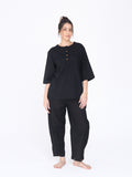 Yogini 100% Cotton Yoga Set with Barrel Pant and Henley Top | Black