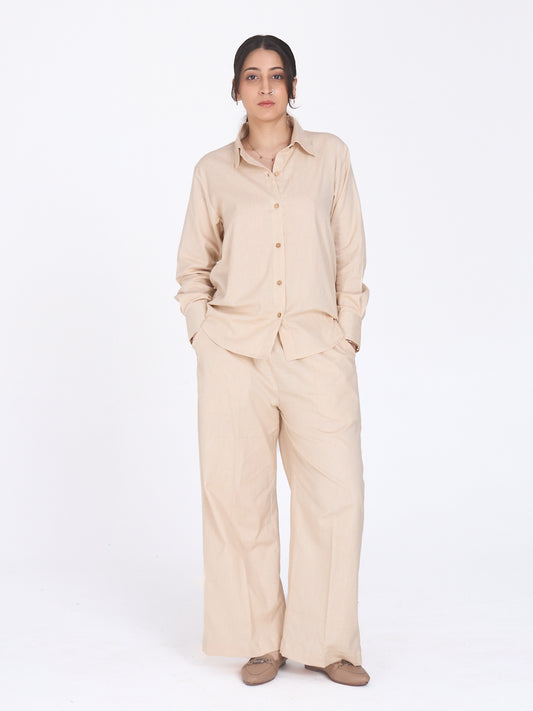 Dayflow 100% Cotton Shirt & Wide-Leg Pants Co-ord Set | Beige